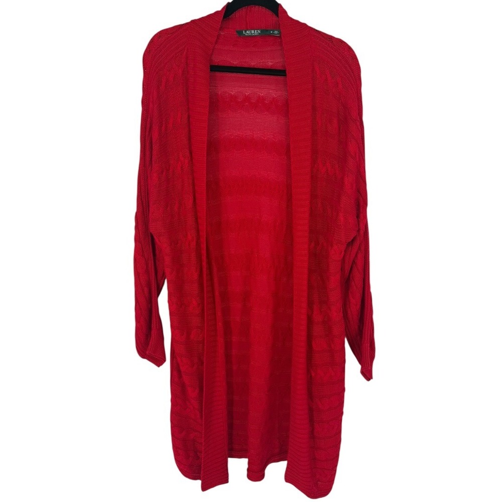 Lauren Ralph Lauren Red Cable Knit Open Front Longline Cardigan Sweater Size Med